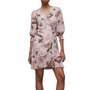 All Saint ARI Peggy Dress in Lightweight Floral print tiered ruffle dress, A32